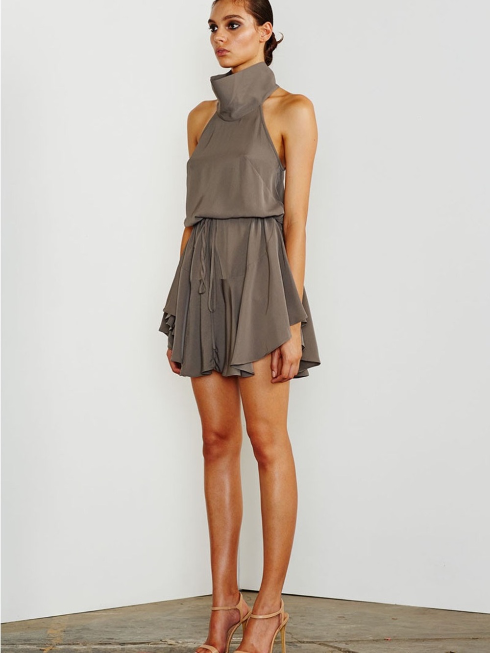Shona Joy San Matias High Neck Mini Dress Olive Green Gray - Size US 2 / AU 6